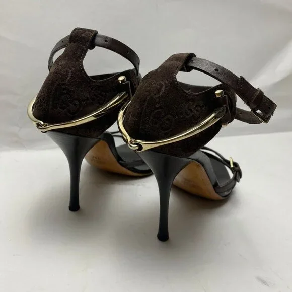 GUCCI Logo Horsebit Equestrian Chocolate Leather /Suede Strappy Heels Size 38 - Picture 4 of 10